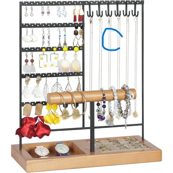 New Earring Holder,Ear Stud Holder with Wooden Tray,Jewelry Organizer Ho… - Picture 1 of 4